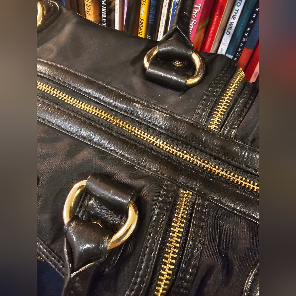 DKNY Black Nylon Leather Trim Satchel with Gold Accents - Picture 7 of 16